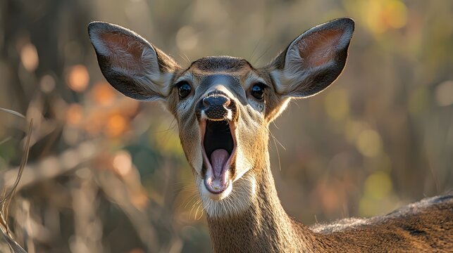 Close-up of a surprised deer with its mouth open, showcasing its expressive features.