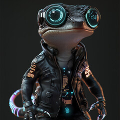 A slick cyberpunk gecko wearing a black leather jacket adorned with neon circuit patterns. It has a robotic tail with LED lights and mechanical claws.