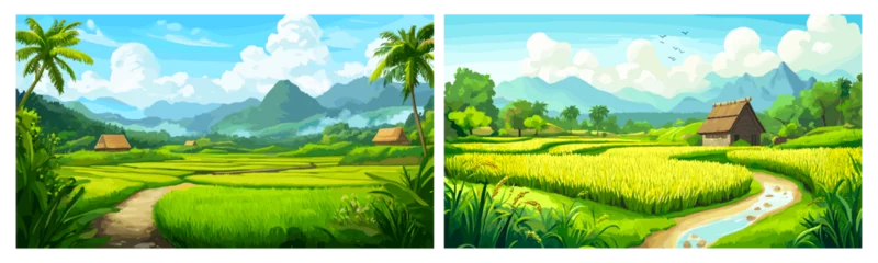 Fototapete Rice field landscape. Rices farming plantation cartoon panoramic scenery, farmland harvest meadow with rural houses tropical china india or indonesia village vector illustration © ssstocker