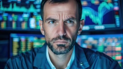 Obraz premium Trader's Focus, a close-up capturing the intense concentration of a trader surrounded by dynamic stock data screens, embodying determination and the fast-paced world of trading.