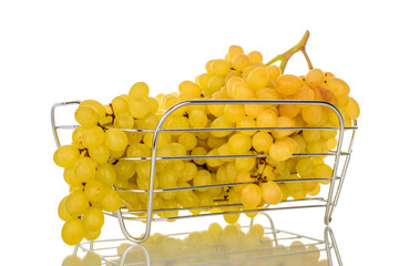 One bunch of ripe white grapes in a basket, macro, isolated on white background.