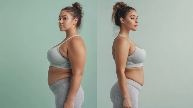 Before and after weight loss comparison of a woman, excellent for fitness, health, and diet marketing campaigns