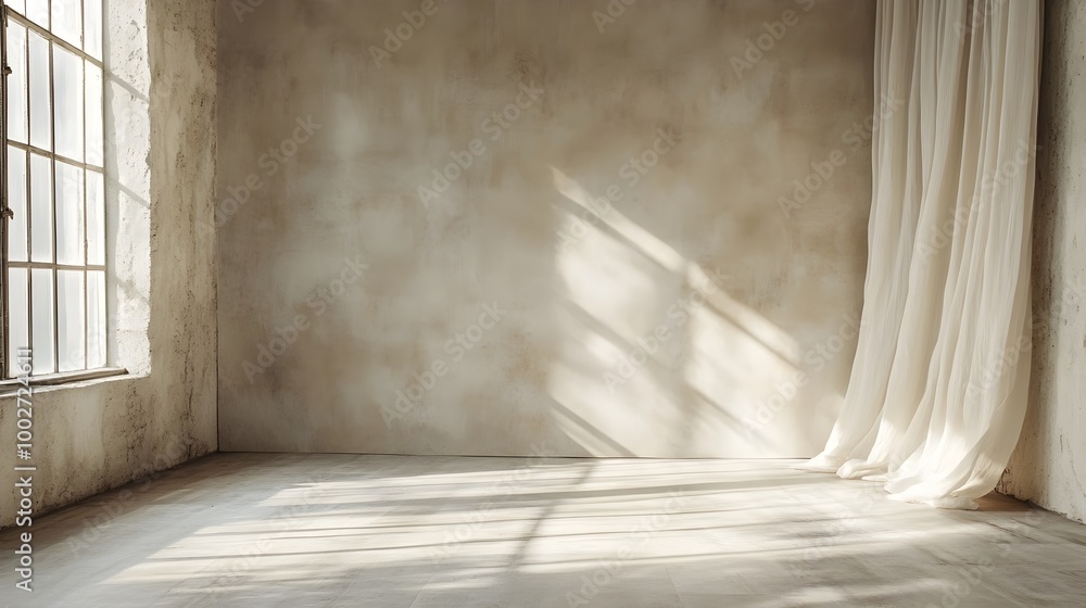 Poster neutral toned fabric backdrop with soft diffused lighting creating a serene and minimalist studio se