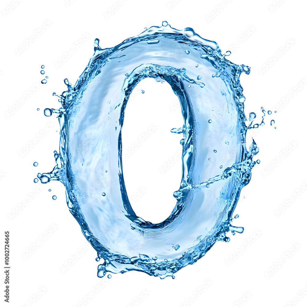 Poster abstract image of a blue liquid splash forming the shape of the number zero against a light,clean background. The dynamic water flow and splashing motion creates an ethereal,technological.