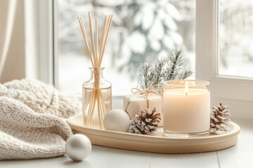 Warm scene with a lit candle and reed diffuser