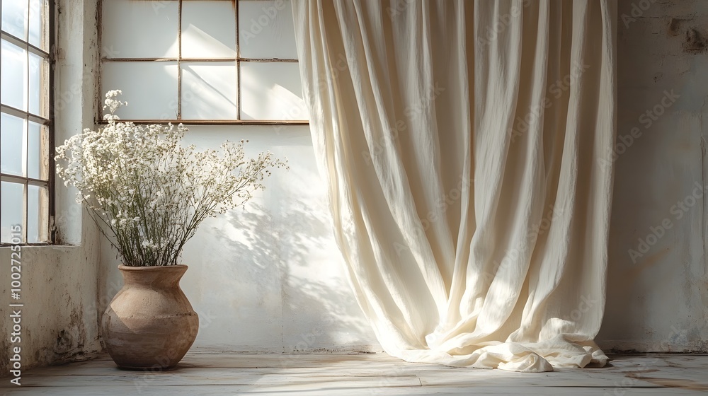 Poster beautifully draped fabric curtain with natural folds and creases creating a cozy and rustic ambiance