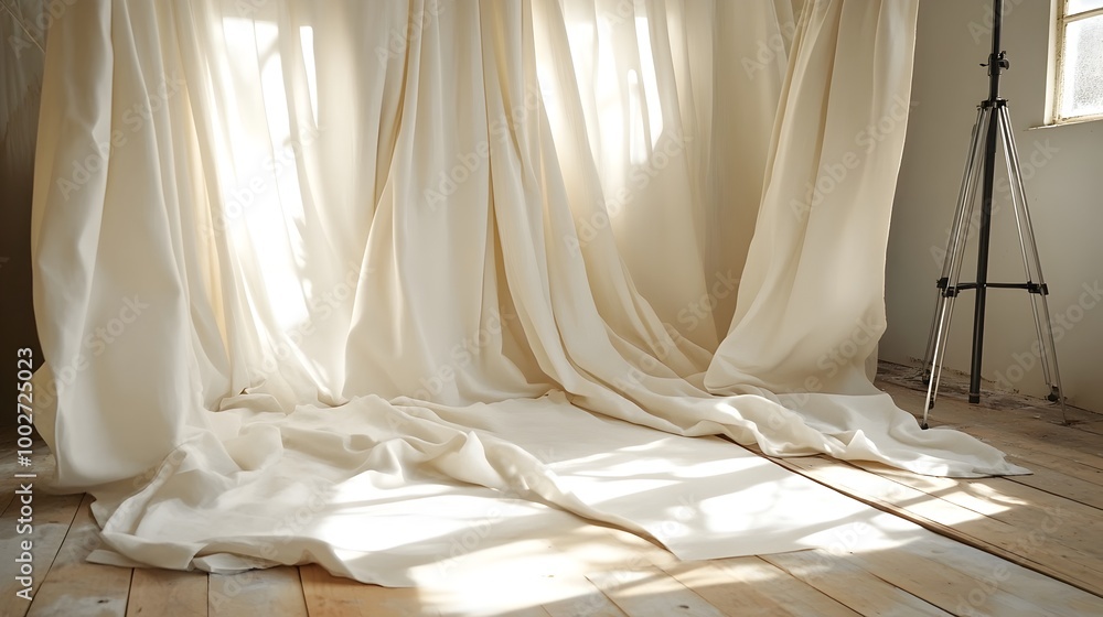 Poster draped canvas fabric with natural folds and creases creates a warm rustic ambiance in a studio setti