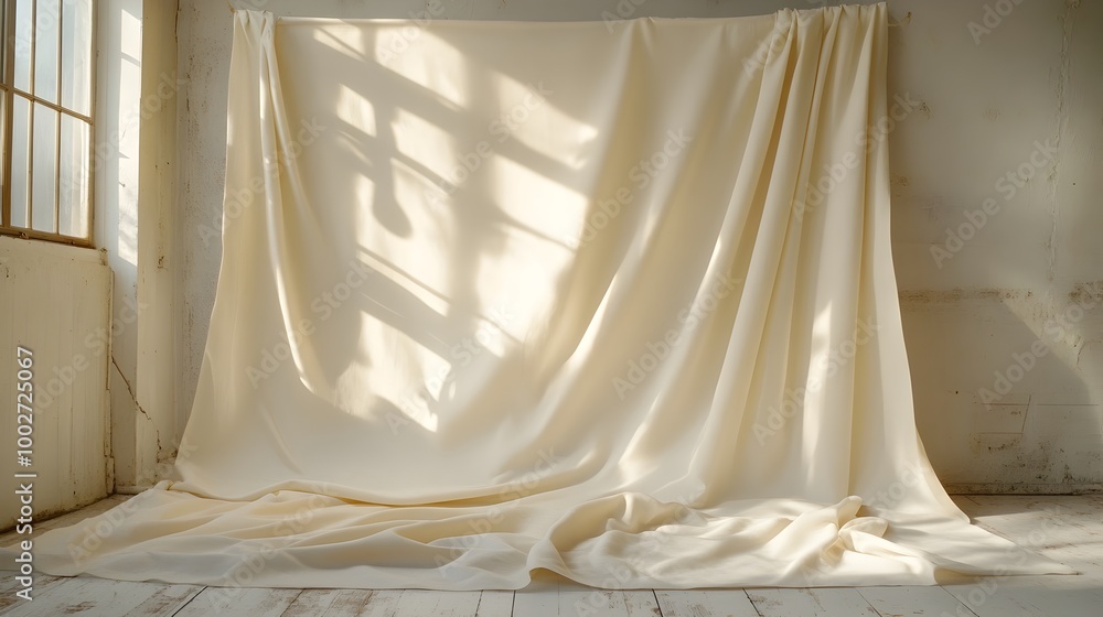 Poster elegant canvas fabric drape with natural folds and soft pleats creating a cozy and calming atmospher