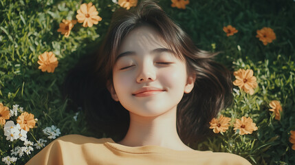Naklejka premium A teenager lying on the grass in a park, eyes closed and a soft smile on her face