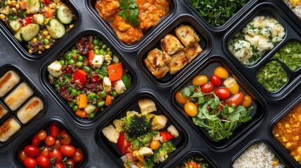 A variety of meal prep containers with healthy, balanced meals ready for delivery or takeaway, promoting nutritious eating.