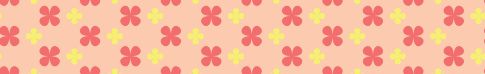 A repeating pattern featuring red and yellow floral shapes on a soft peach background, suitable for textile or graphic design.