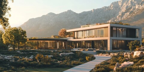 A detailed rendering of a modern residential building set against a backdrop of mountains and a clear sky, emphasizing its architectural elegance