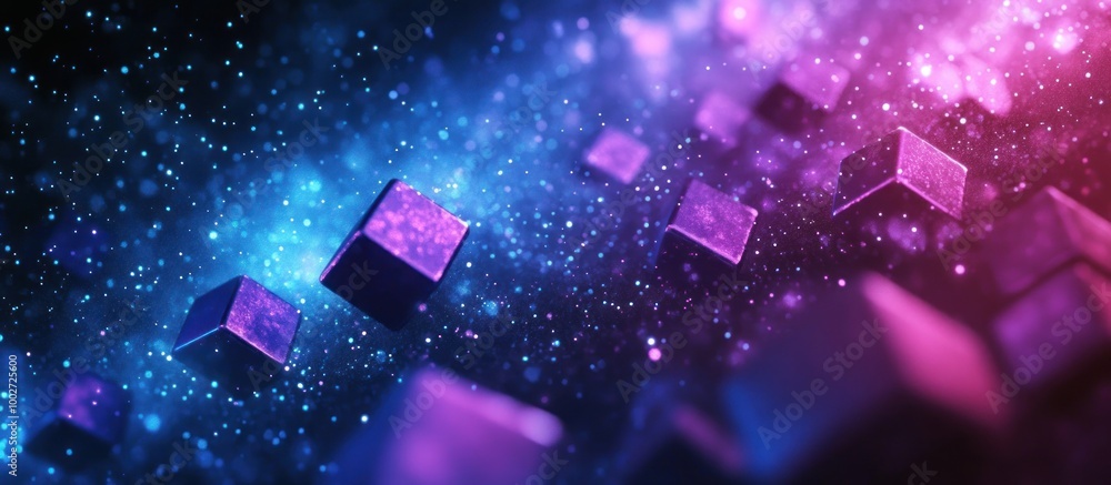 Poster abstract 3d rendering with glowing cubes and particles