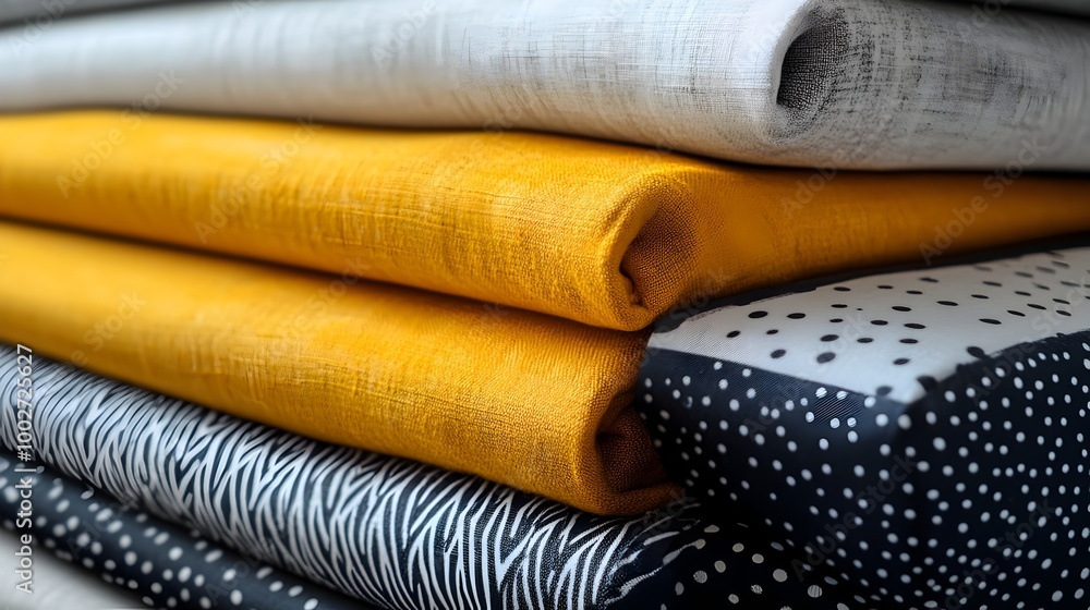 Poster stacked rolls of minimalist and abstract fabric patterns with clean geometric lines and neutral colo