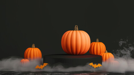 Halloween Podium Display, an autumn-themed stage featuring a 3D pumpkin, smoke effects, and a dark backdrop, ideal for showcasing seasonal products and promotions.