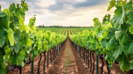 Naklejka premium Vibrant vineyard landscape, lush green vines stretching across rolling hills, serene atmosphere perfect for wine appreciation, ample space for personalized messages or branding