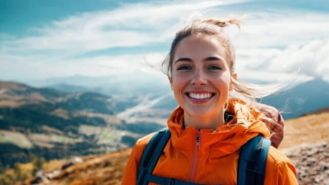 Smiling hiker in an orange jacket on a mountain trail with stunning valley views on a sunny day