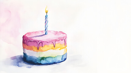 birthday cake with candle on top, Happy birthday watercolor hand painting illustration for greeting card idea.