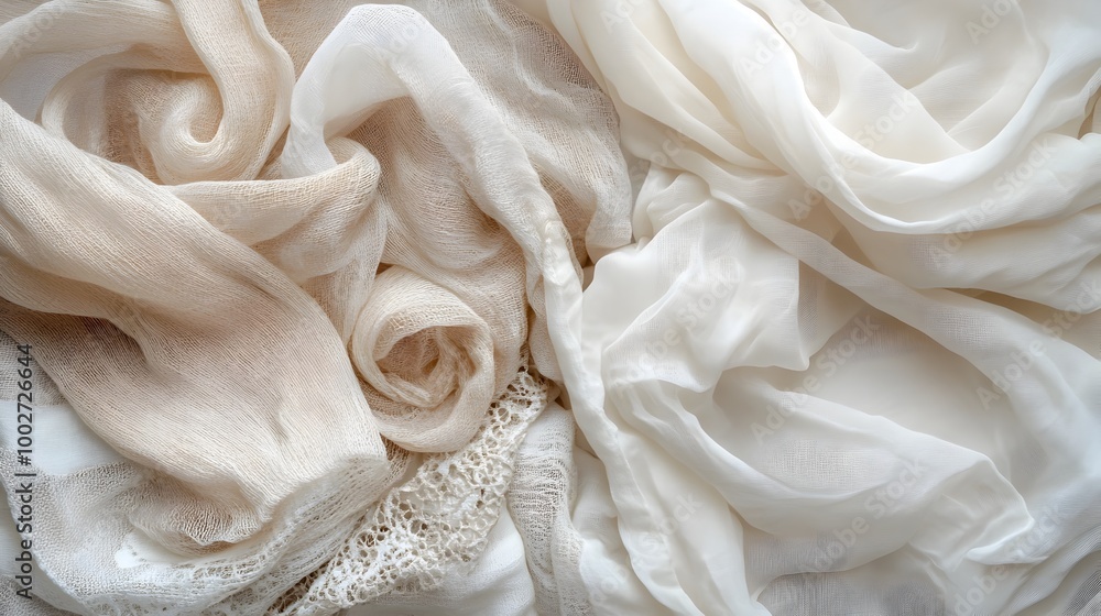 Poster soft neutral fabric textures with delicate patterns and shadows creating an understated yet elegant 