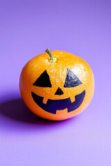 tangerine colored with black paint as jack o lantern, healthy Halloween snack concept. Isolated on solid purple background