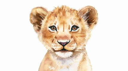 Obraz premium Joyful Lion Cub Illustration, charming watercolor depiction of a playful lion cub with a delightful expression, ideal for children's apparel, ample space for text.