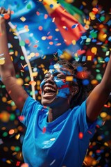 Vibrant celebration scene with a black woman wearing blue shirt, cheering and holding flag, surrounded by colorful confetti, highlighting her dynamic expression and joyful atmosphere.