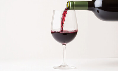 Elegant red wine flowing from a bottle into a crystal glass, showcasing the rich color and smooth texture against a pristine white background.