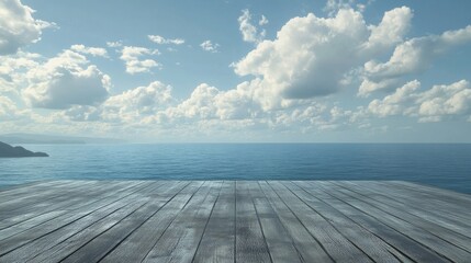 Obraz premium A wooden platform without railings, offering a panoramic ocean view