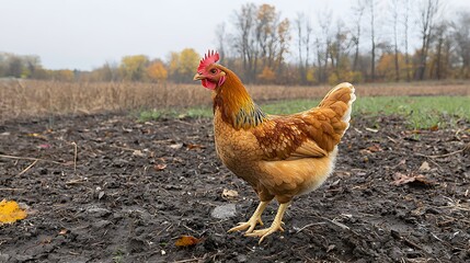 Fototapeta premium A vibrant brown hen standing proudly in a rural field during autumn.