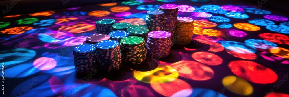 Poster a lively casino table displaying colorful stacks of poker chips illuminated by vibrant lighting in a