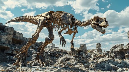 A massive dinosaur skeleton in a desolate landscape under a cloudy sky.