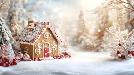 Enchanting Gingerbread House Taking Center Stage in a Picturesque Winter Wonderland Backdrop Filled with Festive Holiday Cheer and Seasonal Delight