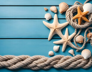 Top view starfishes shells and rope with rope on blue wooden background