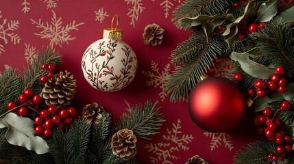 Fototapeta premium A festive still life scene featuring an assortment of beautiful Christmas ornaments pine cones berries and other holiday arranged in a cozy rustic and elegant manner against a warm textured backdrop