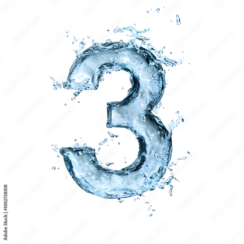 Poster and dynamic image of the number 3 formed by the flowing,splashing motion of transparent water or liquid in an abstract,clean and refreshing design.