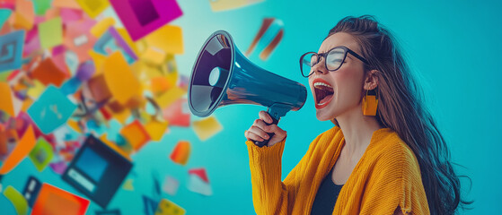 Video marketing concept: woman with a megaphone on a media player background, promoting content creation