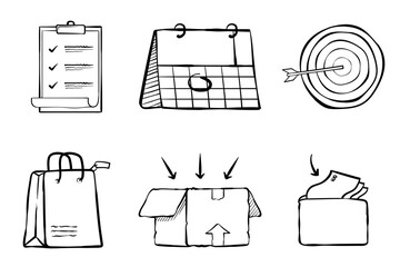 Hand drawn business and e-commerce illustration set. Finance and marketing sketch hand drawn doodle icon. Business elements. Vector illustration