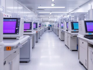 High-tech medical lab with 3D bioprinting machines, automated specimen analyzers, and digital health records displayed on interactive screens