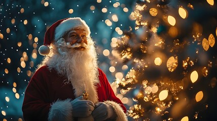 Santa Claus in a Magical Christmas Backdrop with Sparkling Fairy Lights Illuminating the Festive Scene Creating a Cozy and Joyful Holiday Atmosphere