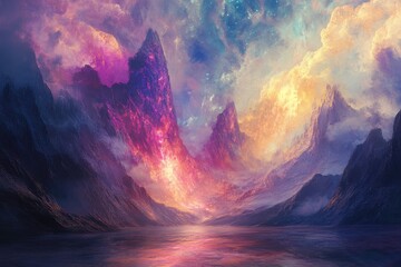 A Serene Lake Nestled Amidst Vibrant, Ethereal Mountains