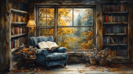 Cozy Reading Nook with Autumn View