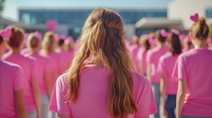 Fototapeta premium Pink, Symbol of love and care demonstrated by a group of people wearing pink shirts in solidarity, focus on social cause event, realistic, Overlay, community center backdrop