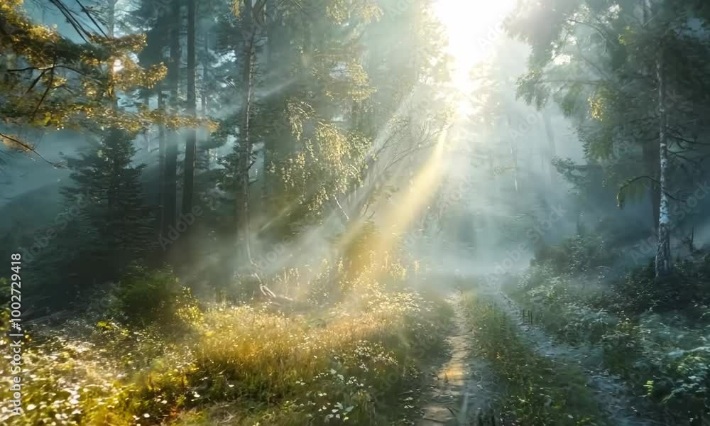 Poster serene forest scene with a path running through it. the sun is shining through the trees, casting a 