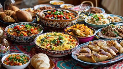 Obraz premium A vibrant table full of Uzbek and Central Asian food such as pilaf, shurpa, and samsa, offering a taste of regional flavors.
