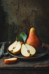 Fresh pear fruit cut on cutting board with knife