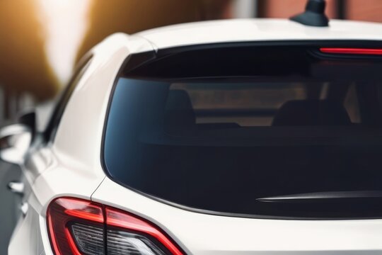 Back window of a white car parked on the street. Mock-up for sticker or decals