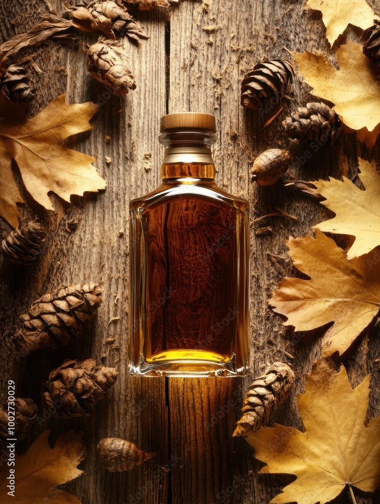 Poster a rustic whiskey bottle surrounded by autumn leaves and pine cones on a weathered wooden surface. ge