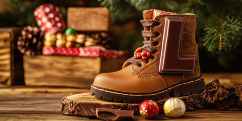 Traditional Dutch chocolate letter L and different sweets in child's shoe on Sinterklaas day. Celebrating Saint Nicholas day.