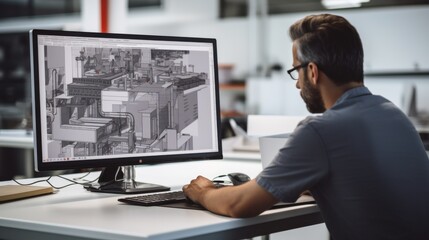 A focused engineer working on a computer, analyzing detailed blueprints of an intricate industrial facility in a modern office setting.