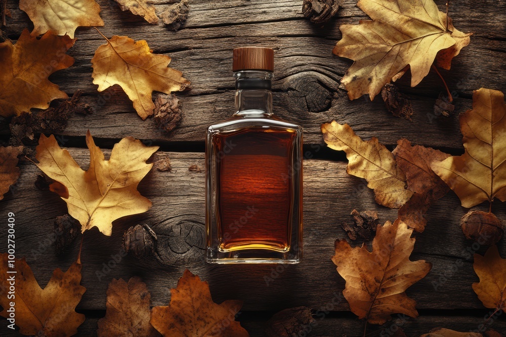 Aufkleber A close-up view of a whiskey bottle surrounded by autumn leaves on rustic wooden surface in the warm afternoon light. Generative AI